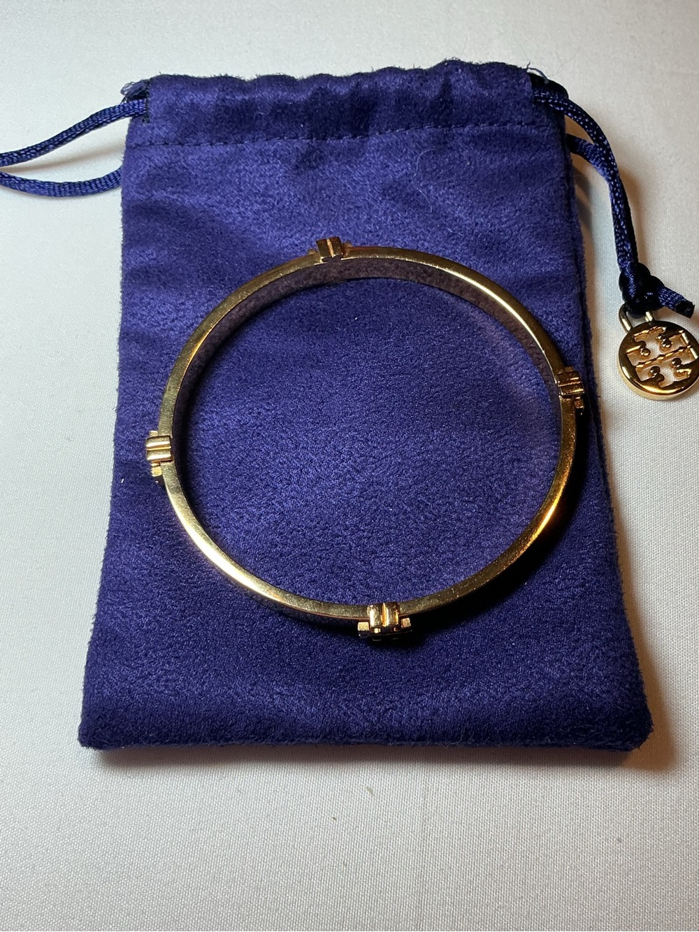 Tory Burch Gold Tone Logo Accent Bangle Bracelet - Gold - Picture 2 of 5